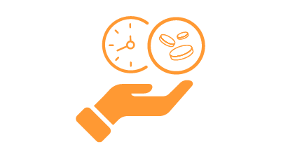 橙色图标 — 一只手托着一个时钟和三枚硬币