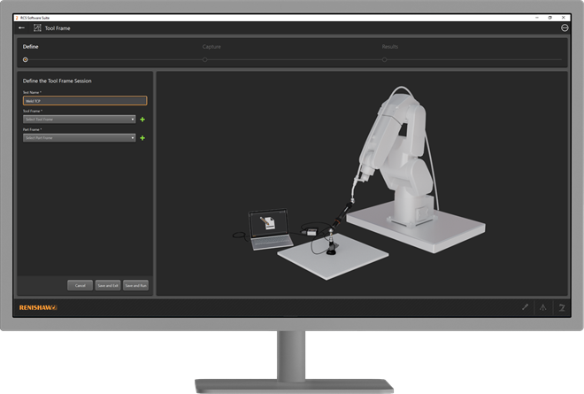 Az RCS Software Suite programot használó ipari automatizálási cella szerszámmozgástér-beállítási fázisát megjelenítő asztali monitor